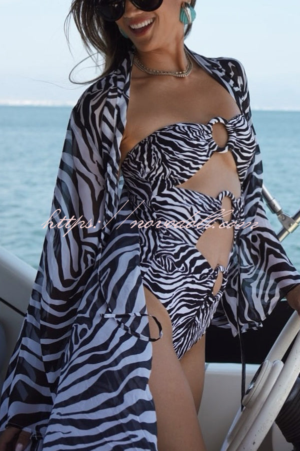 Marsie Zebra-print Ring Cutout Details Off Shoulder Stretch One-Piece Swimsuit