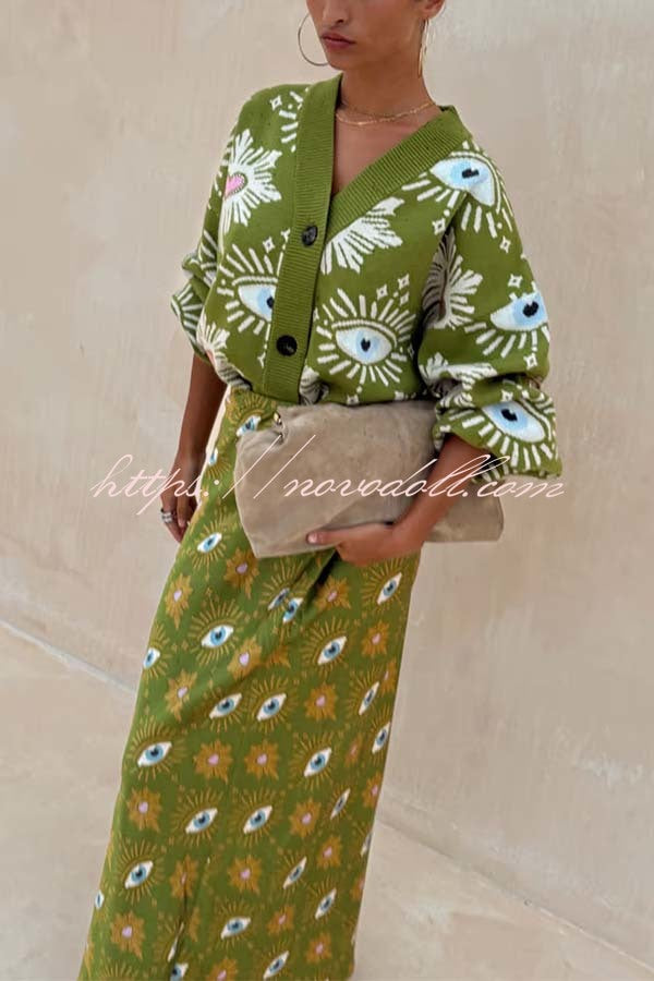 Mysterious Magic Satin Eye Heart Pattern Elastic Waist Drape Maxi Skirt