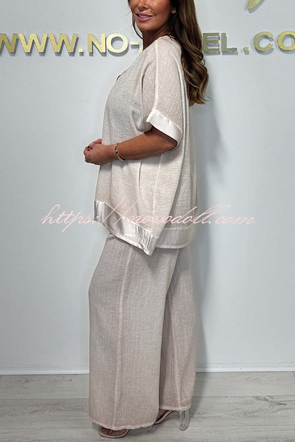 Fashionable V-neck Short-sleeved Loose Top and Elastic Waist Casual Wide-leg Pants Set