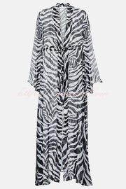 Marsie Zebra-print Elastic Drawstring Waist Long Bell Sleeve Cover-up Kimono