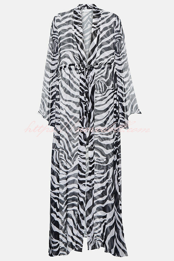 Marsie Zebra-print Elastic Drawstring Waist Long Bell Sleeve Cover-up Kimono
