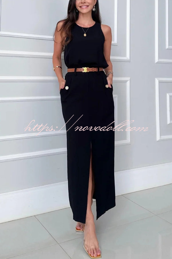 Office Lady Sleeveless Crewneck Top and Metal Button Pocket Slit Midi Skirt Set