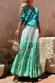 Elina Tie Dye Gradient Flower Drawstring Elastic Waist Maxi Skirt