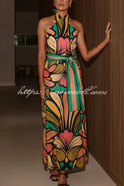 Unique Print Halter Neck Tie Backless Holiday Maxi Dress