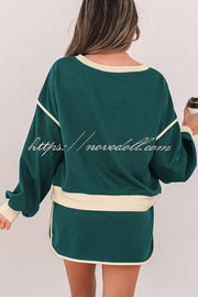 Fashion Round Neck Long Sleeve Spliced Casual Top and Elastic Waist Loose Shorts Set