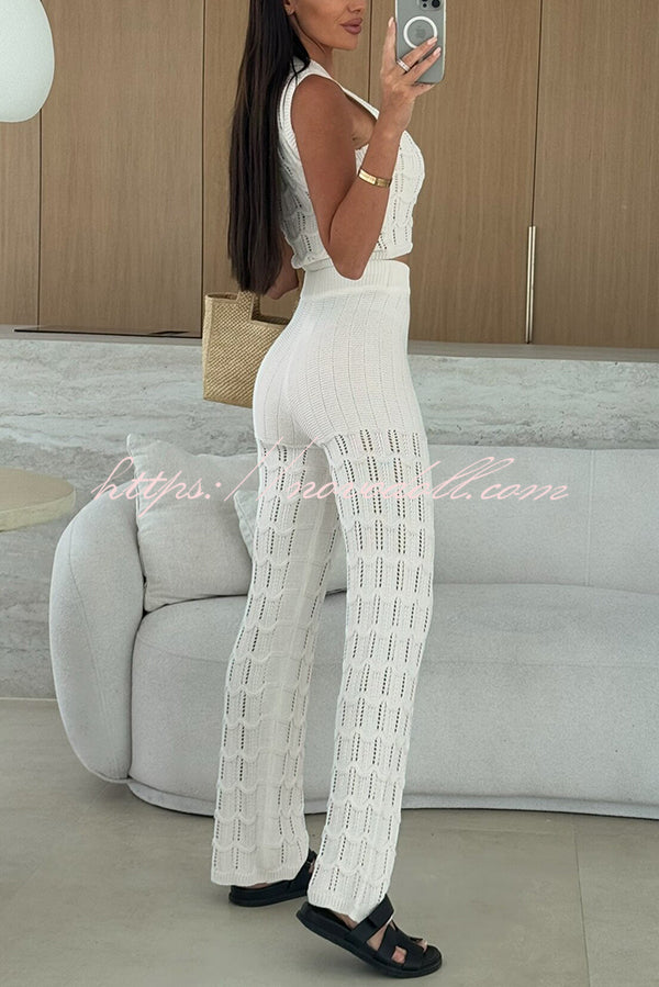 Solid Color Hollow Sleeveless Round Neck Knitted Vest and Stretch Casual Straight Pants Set