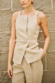Tylah Linen Blend Square Neck Belted Vest and High Rise Pocket Loose Tapered Trousers Set