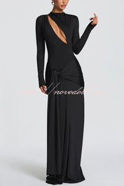 Sexy Cutout Fitted Long-sleeved Pleated Satin Ribbon Maxi Dresses