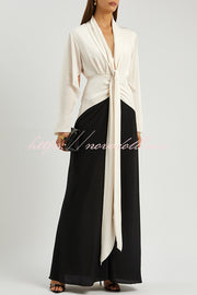 Fashion Contrast Color V-neck Tie High Waist Drape Maxi Dress