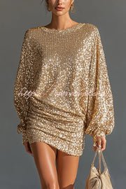 Glow Season Sequin Long Lantern Sleeve Ruched Hip Loose Mini Dress