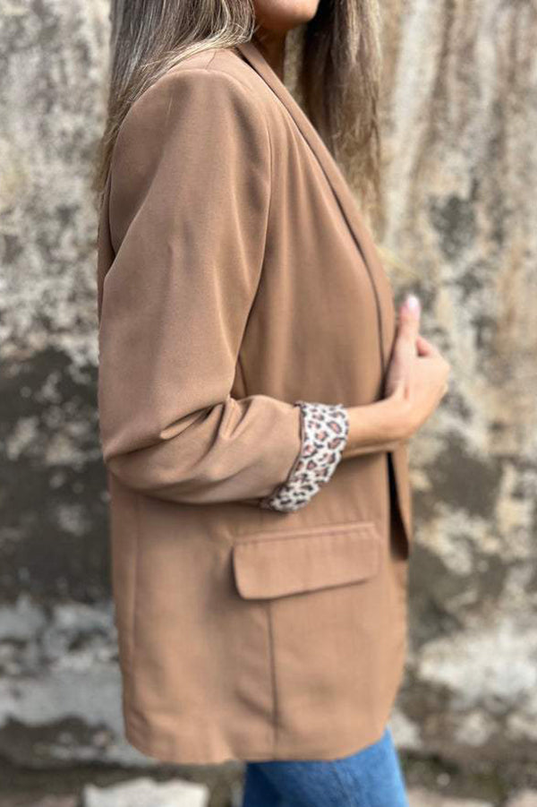 Stylish leopard print lined lapel long sleeve blazer