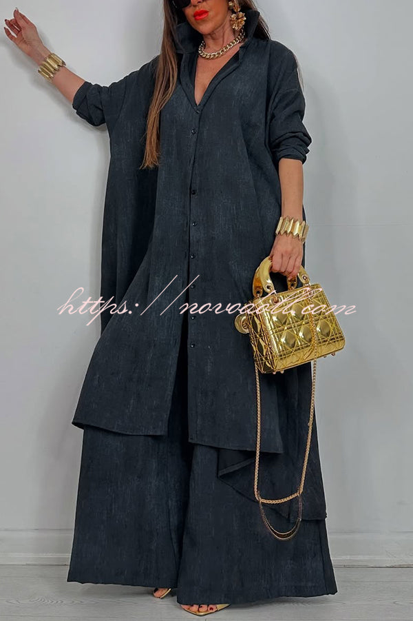 Solid Color Casual Loose Long Shirt and Elastic Waist Pocket Wide Leg Pants Set