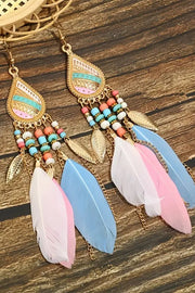 Boho Vintage Colorful Feather Tassel Dangle Drop Earrings