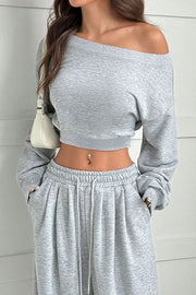 Solid Color Loose Long-sleeved Short Top and Elastic Waist Casual Pocket Wide-leg Pants Set