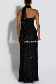 Oakley Corset Strapless Top and Sequin High Rise Maxi Skirt Scarf Set