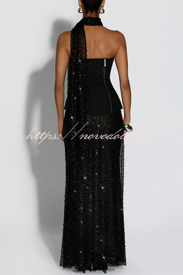 Oakley Corset Strapless Top and Sequin High Rise Maxi Skirt Scarf Set