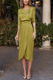 Satin Solid Color Round Neck Half Sleeve Waist Midi Dress
