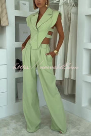 Fashion Style Lapel Waist-baring Irregular Vest and  Elastic Waist Pocket Loose Pants Set