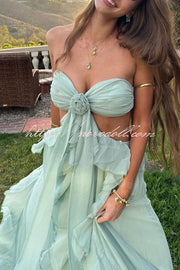 Gorgeous Vacation Halter Rose Detail Cut Out Ruffles Backless Maxi Dress