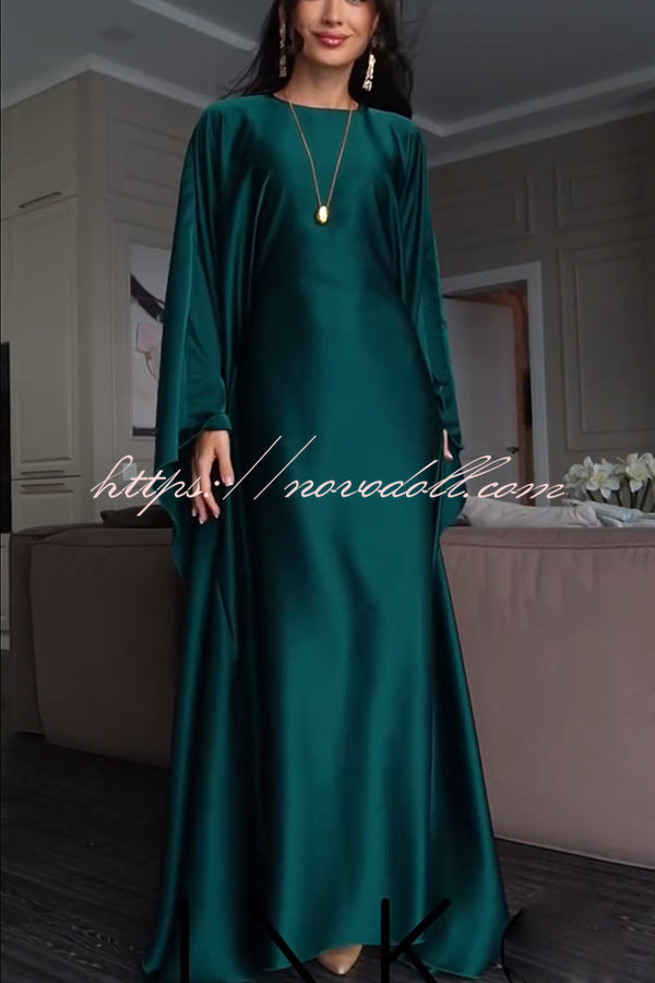 Dignified and Elegant Satin Batwing Sleeve with Waist Tie Design A-line Maxi Dress