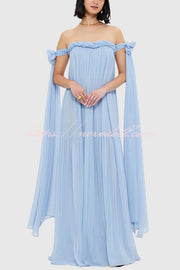 Fairy Spirit Tulle Braided Neckline Tie Arm Straps Pleated Maxi Dress