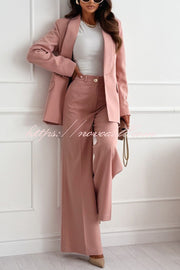 Solid Color Lapel Long Sleeve Casual Blazer and Pocket Wide Leg Pants Set