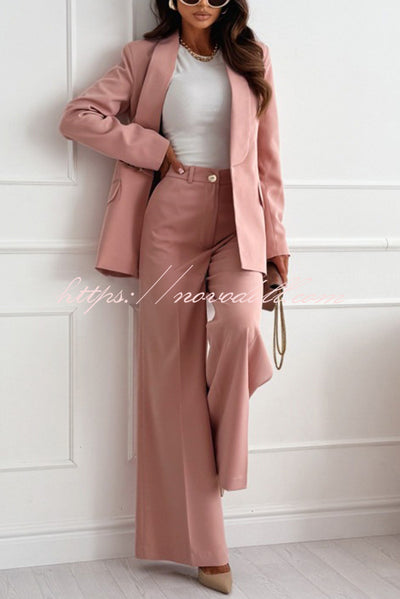 Solid Color Lapel Long Sleeve Casual Blazer and Pocket Wide Leg Pants Set