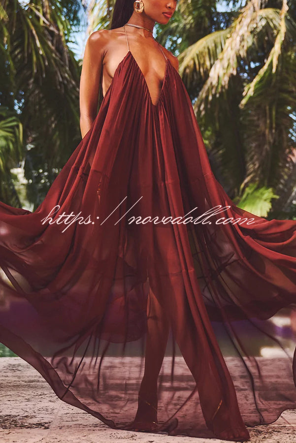 Flowing Lightweight Chiffon Chain Halter Neck Detail Backless A-line Maxi Dress