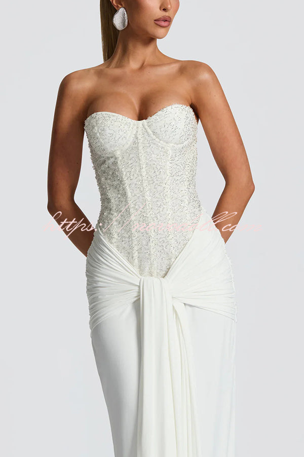 Carina Sequined and Satin Jersey Off Shoulder Ruched Knot Drape Maxi Dress