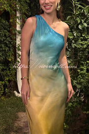 Satin Ombre One Shoulder Backless Fitted Maxi Dress