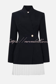 Fashionable Contrast Color Elegant Long Sleeve Pleated Suit Mini Dress
