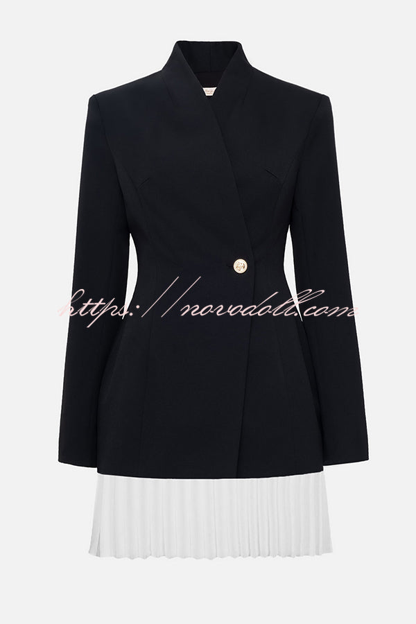 Fashionable Contrast Color Elegant Long Sleeve Pleated Suit Mini Dress