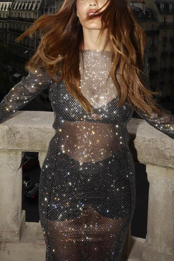 Sparkling Sequin Round Neck Slit See Through Long Sleeve Maxi Dress