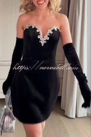 Ines Luxurious Velvet Jewel-encrusted Sweetheart Off Shoulder Neck Tulip Stretch Mini Dress