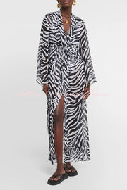 Marsie Zebra-print Elastic Drawstring Waist Long Bell Sleeve Cover-up Kimono