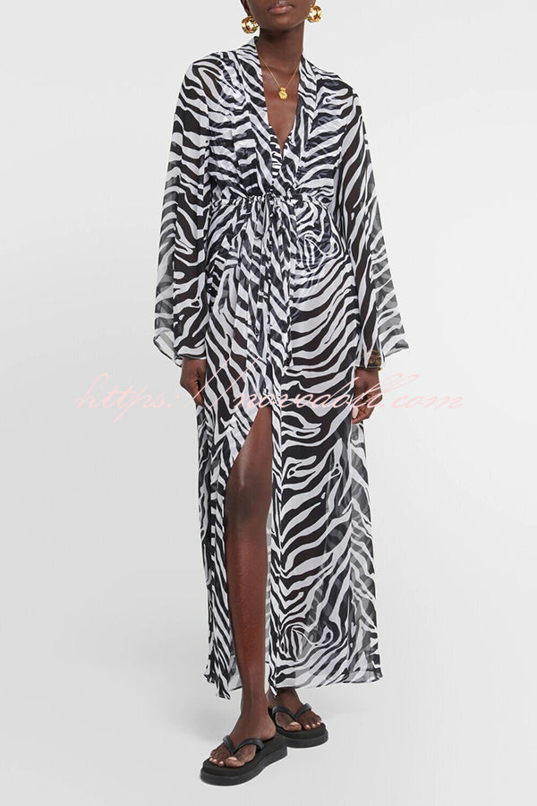 Marsie Zebra-print Elastic Drawstring Waist Long Bell Sleeve Cover-up Kimono