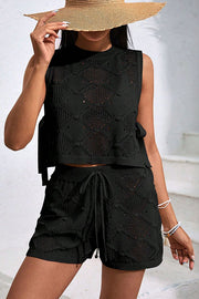 Solid Color Sleeveless Tie Knitted Vest and Loose Elastic Waist Drawstring Shorts Set