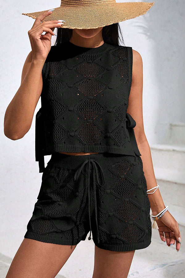 Solid Color Sleeveless Tie Knitted Vest and Loose Elastic Waist Drawstring Shorts Set
