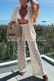 Holiday Crochet Flowers Lace Short Sleeve Shirt and Elastic Waist Wide Leg Pants Set