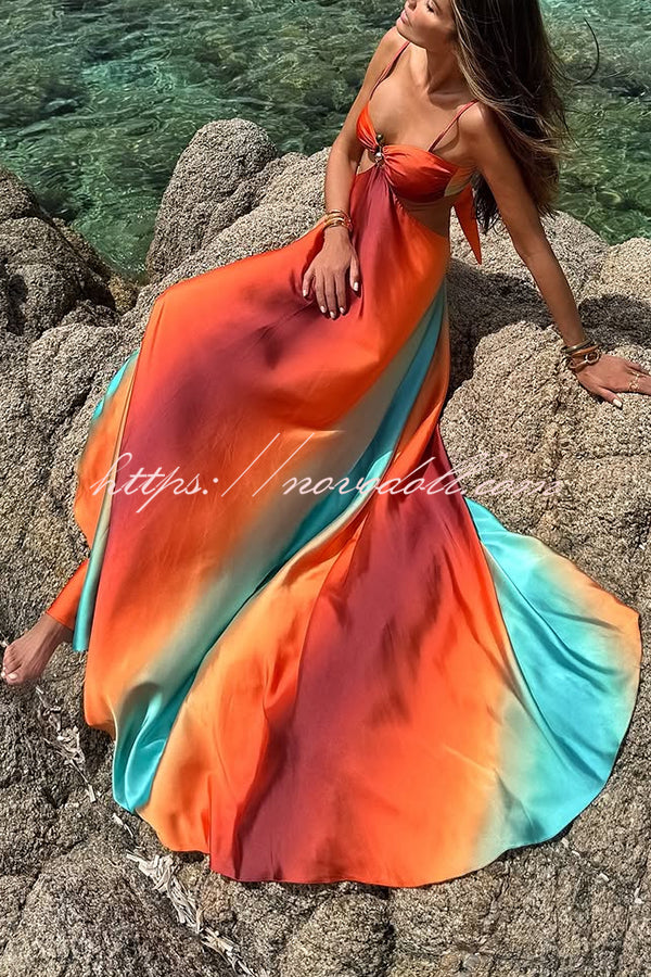 Neon Sunset Printed Metal Decoration Cutout Back Tie-up Vacation Maxi Dress