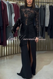 Fenna Sheer Floral Sequin Shoulder Pads Long Sleeve Drape Slit Maxi Dress