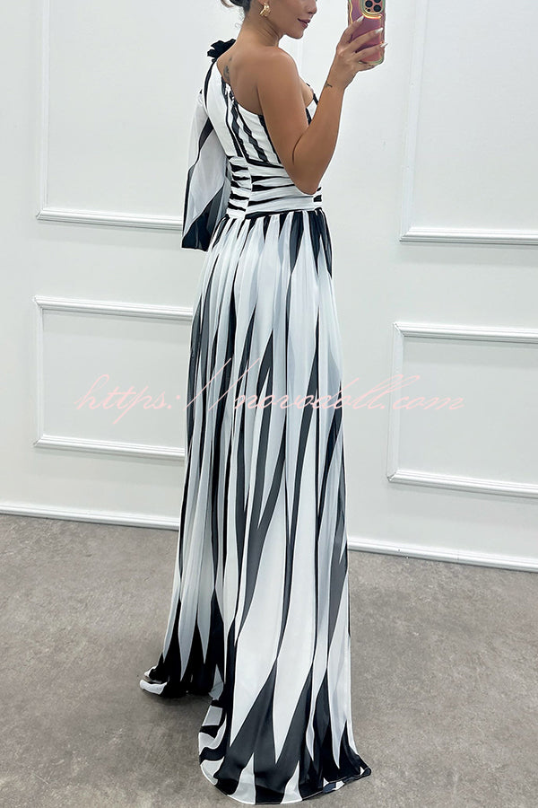 Purely Charming Printed Rose Pendant One Shoulder Pleated Slit Maxi Dress