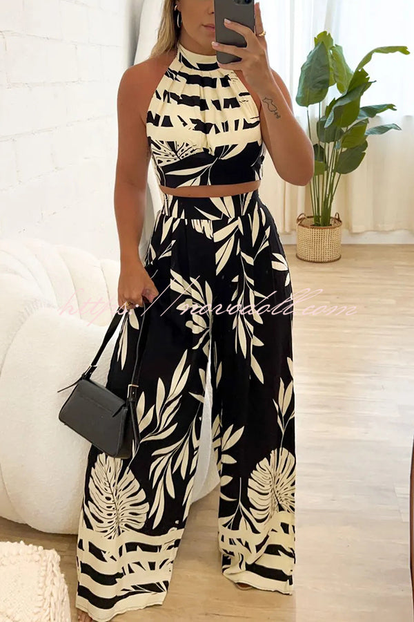 Botanical Print Halterneck Crop Top and Casual High-waist Wide-leg Pants Set