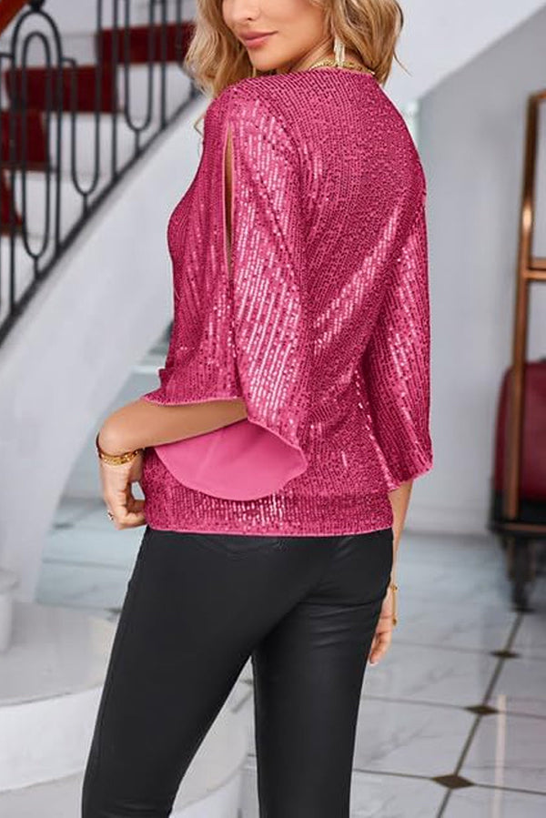 Solid Color Sequined V-neck Hollow Sleeve Slim Fit Top