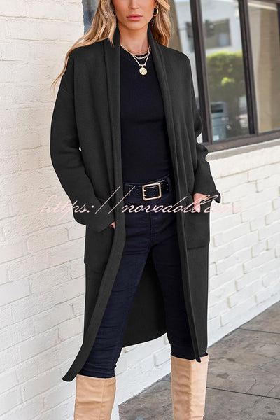 Solid Color Long-sleeved Casual Loose Pocket Mid-length Cardigan