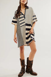 Contrast Striped Patchwork Denim Lapel Loose Casual Mini Dress