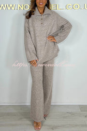 Solid Color Lapel Long-sleeved Loose Top and Elastic Waist Casual Pants Set