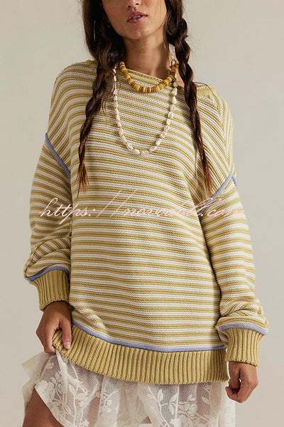 Fashion Striped Colorblock Loose Round Neck Long-sleeved Knitted Sweater