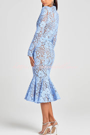 Feminine and Elegant Flower Lace Long Sleeve Bow Belted Flare Midi Dress