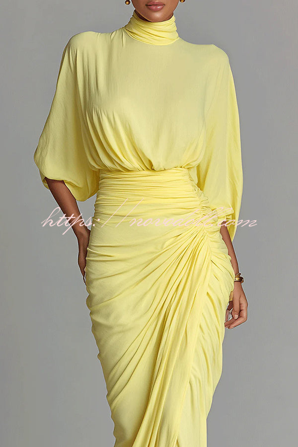 Fashionable High-neck Half-sleeve Waist-cinching Pleated Maxi Dress